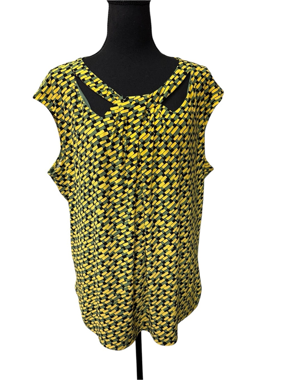 Kasper 2X Geometric Twist Neck Blouse Yellow Black Career Plus Size Top